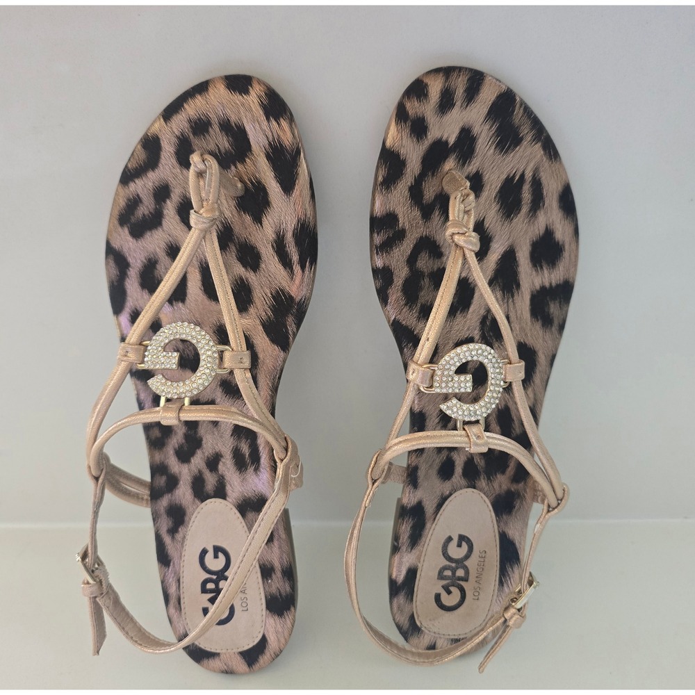 GBG Guess Los Angeles Womens Leopard Print Rhinestone G Logo Sandals Gold 10M